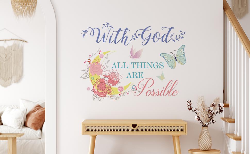 SICANDAENHK Brighten your space with these colorful Bible verse wall decals!"With God All Things are Possible" inspirational quote paired with lovely flower & butterfly designs, perfect for bedroom & living room decor🌸✨