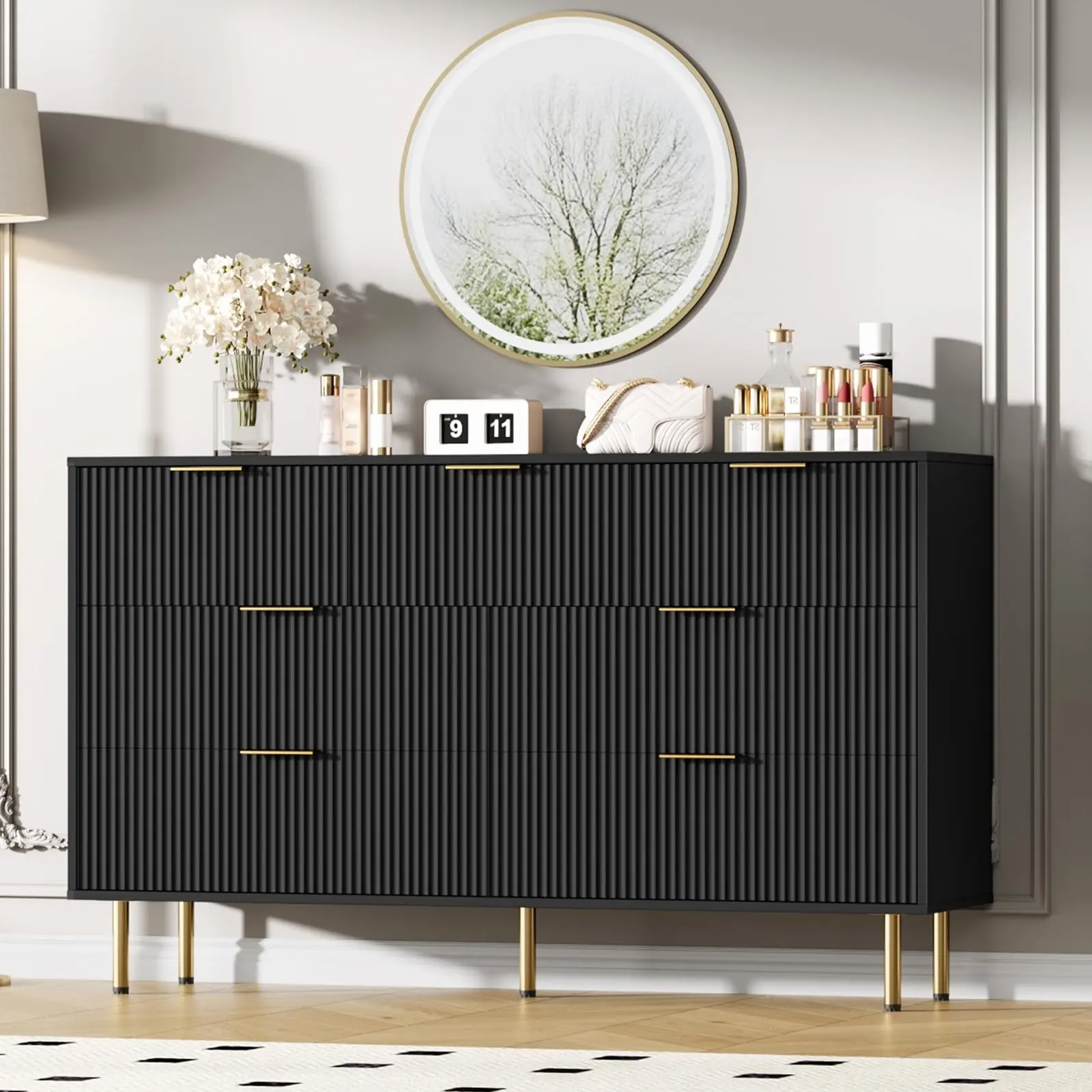 7-Drawer Fluted Dresser, Black, MDF, Wide Chest for Bedroom or Living Room
