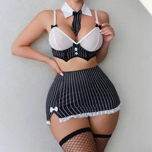 Women's Lady Striped Bowknot Mini Skirt Lingerie Clothes Set