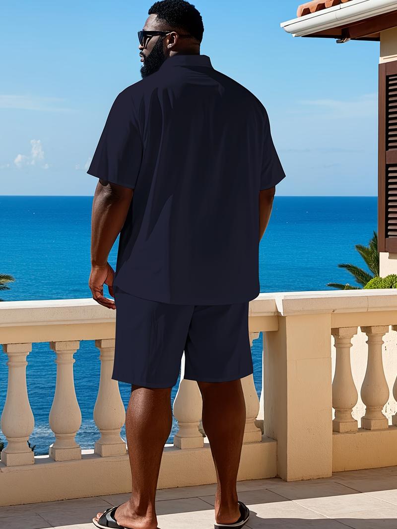 Plus Size Men's Short Sleeve Suit 2pcs Fashion Summer Sportswear Casual Suit with Solid Color Shorts for Comfortable Wear Plus Size Men's Short Sleeve Suit 2pcs Fashion Summer Sportswear Casual Suit with Solid Color Shorts for Comfortable Wear