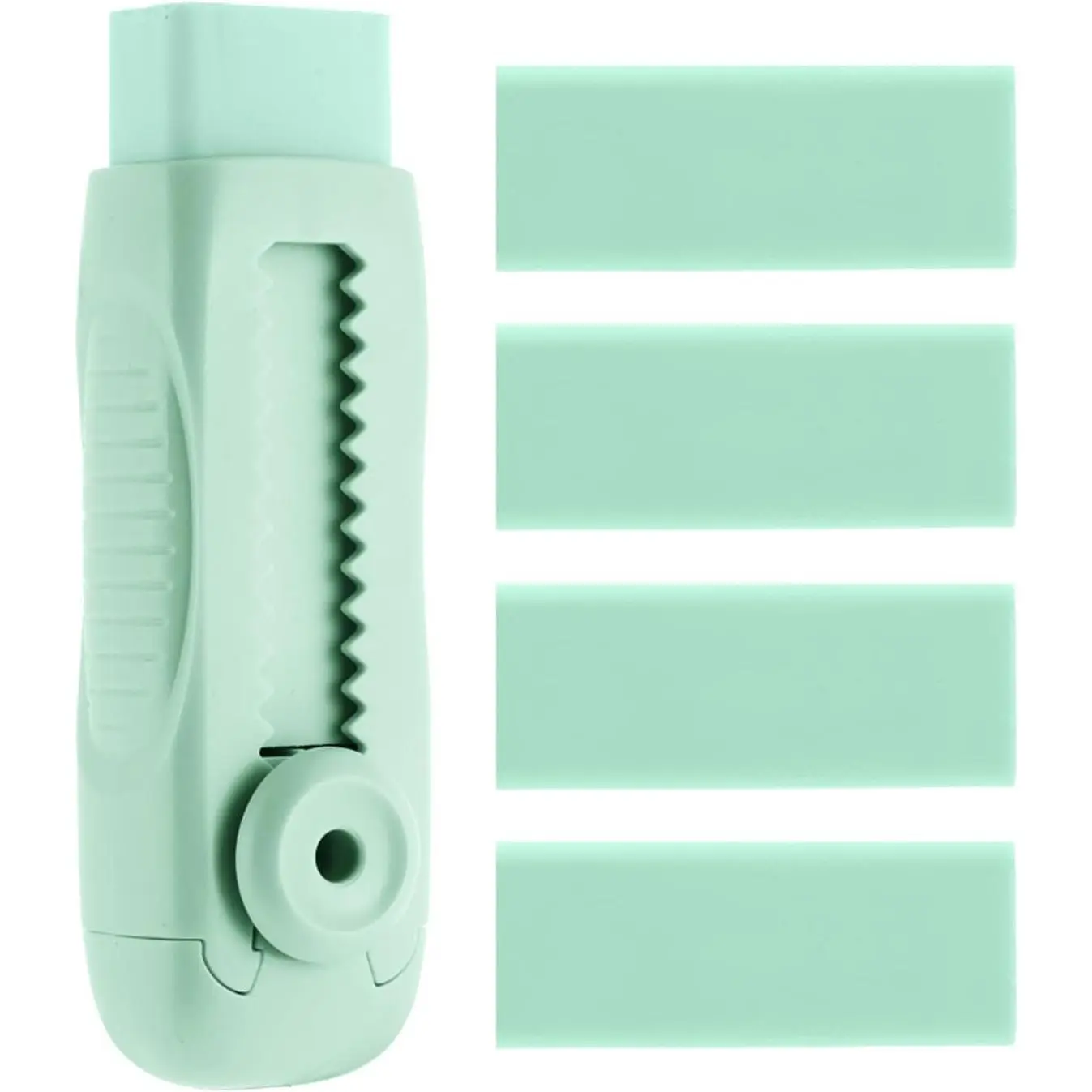 4+1 Pack Rubber Erasers Sliding Retractable Eraser, Soft Cute Erasers Push Pull Large Pencil Eraser with Plastic Sleeve 4 Refill Eraser for Students , School Office  Supplies (Green)
