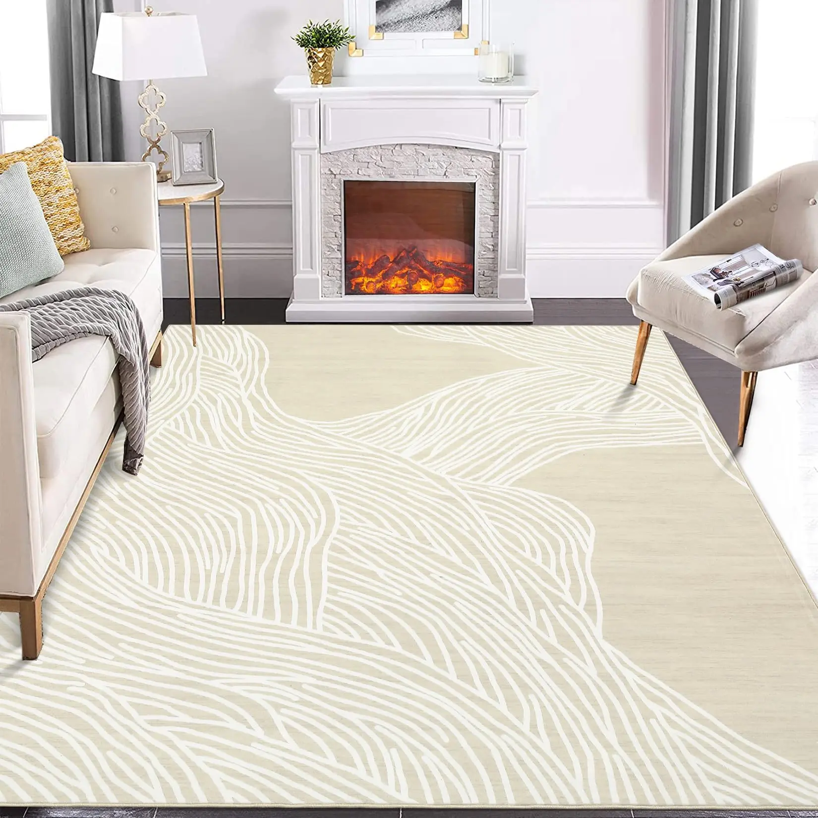 Garvee Washable Area Rug 8x10 for Bedroom Contemporary Striped Carpet Non-Slip Low Pile Stain-Resistant Rugs Fade-Resistant No-Shedding Modern Abstract Dining Area Rug for Dorm Home Patio Camel
