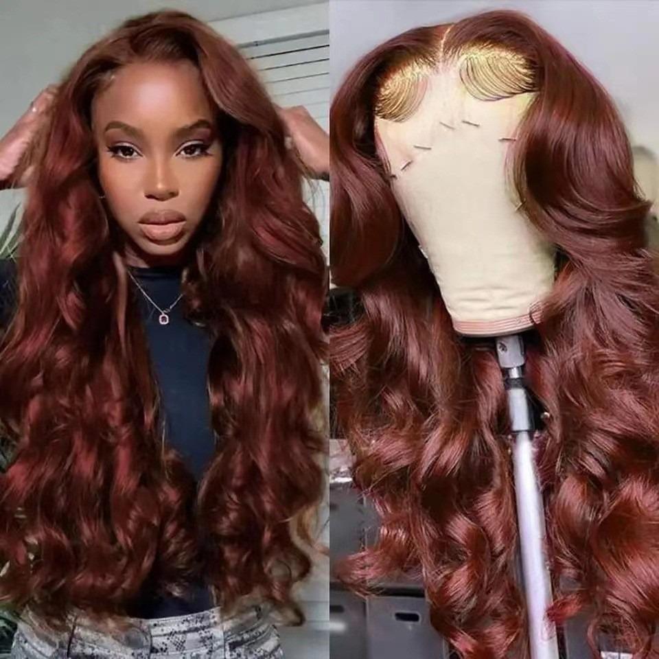 Lace Front Highlighted Ombre Reddish Brown Wig, Highlight Raw Brazilian Body Wave Pre Plucked Human Hair Wig Lace Frontal Wigs For Women, Natural Fluffy Synthetic Full Wig Cap