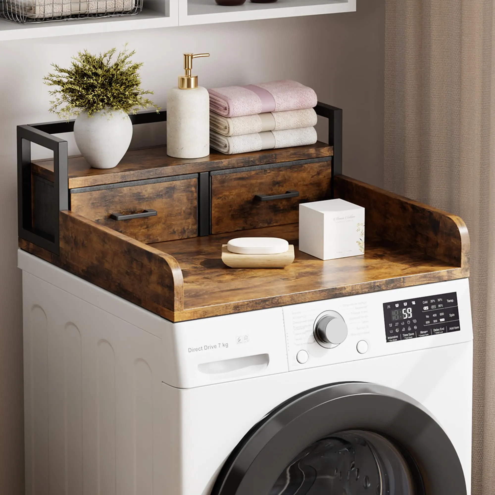 2-Tier Washer Dryer Countertop Organizer, Storage Rack with 2 Drawers, Open Shelf, Edge Guard, Non-Slip Mat, Water-Resistant, Space-Saving for Laundry Room or Bathroom