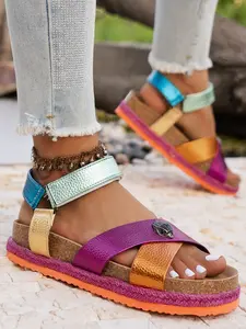 Summer New Colorblock Glossy Metal Accent Rope Trim Wedge Roman Sandals, Women's Velcro Patchwork Anti-Slip Vacation Thick Sole Open-Toe Sandals