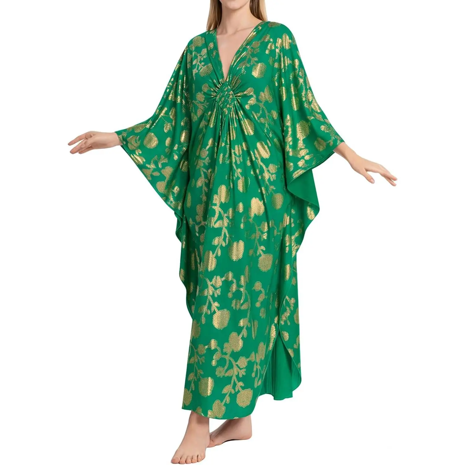 Bsubseach Women Kaftan Dresses Maxi Caftan Batwing Sleeves Beach Cover Up| One Size Fits All, Gold Foil Floral Twist Front V-Neck Moomoo, Multi-use as Beach Cover Up & Resort Vacation Loungewear.