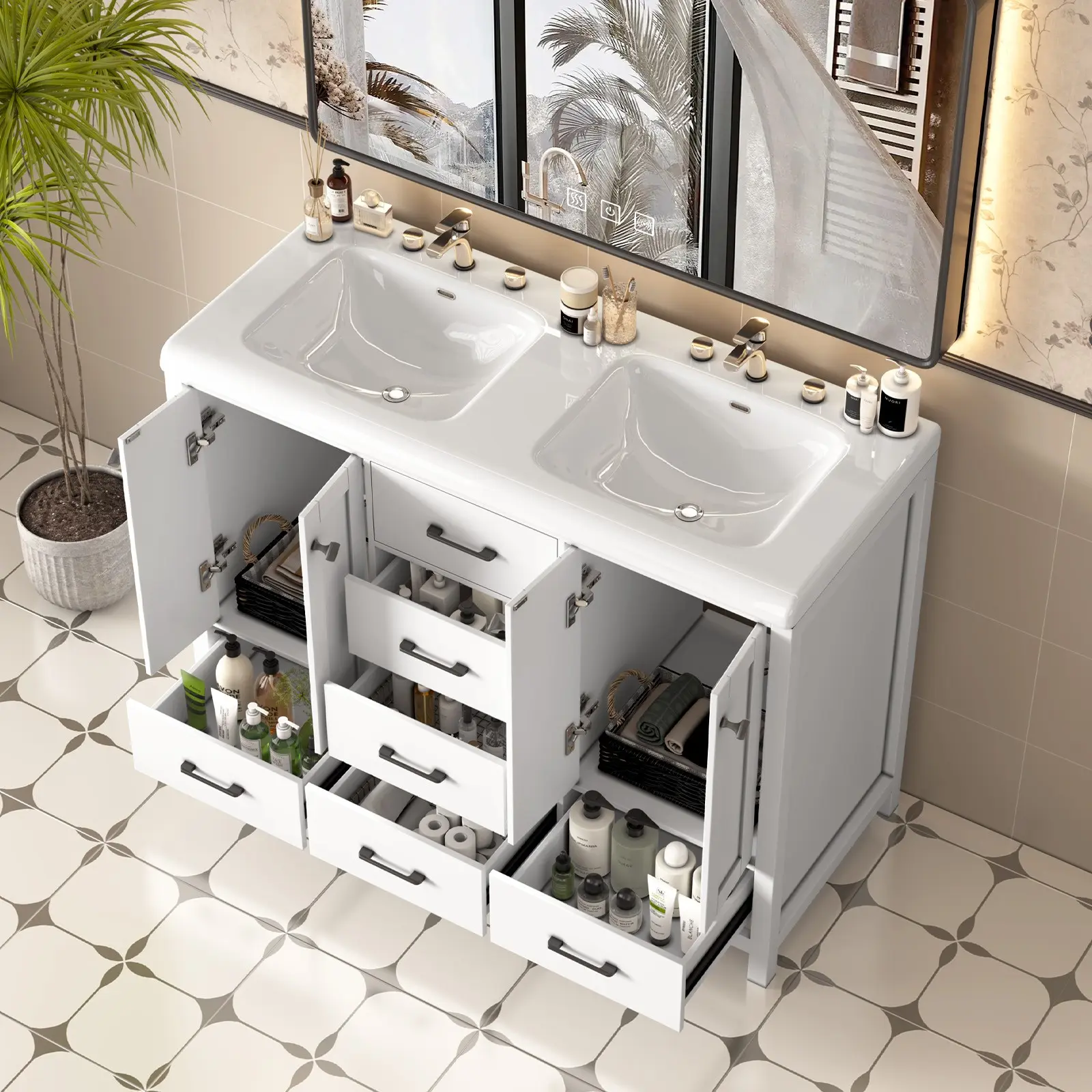 Bathroom Vanity Double Sink Ceramic Freestanding Cabinet Storage Drawers