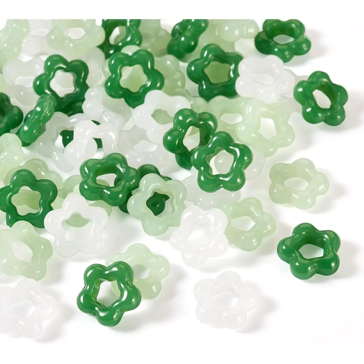 Women's Hollow Flower Glass Decorative Beads & Charms, 60-Count 3-Color (Including Dark Green) Imitation Jade Pendants with 12.5mm & 5.7x5.8mm Spacers for DIY Jewelry Crafting (Necklace, Bracelet), Flowers