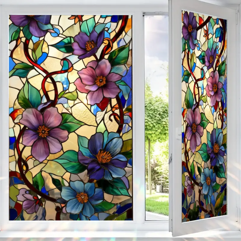 2D Flat Static Cling Floral Stained Glass Pattern Window Film Flower Window Clings Decorative Ornament Decor Decoration Items For Living Room And Bedroom Removable Flower Window Decals
