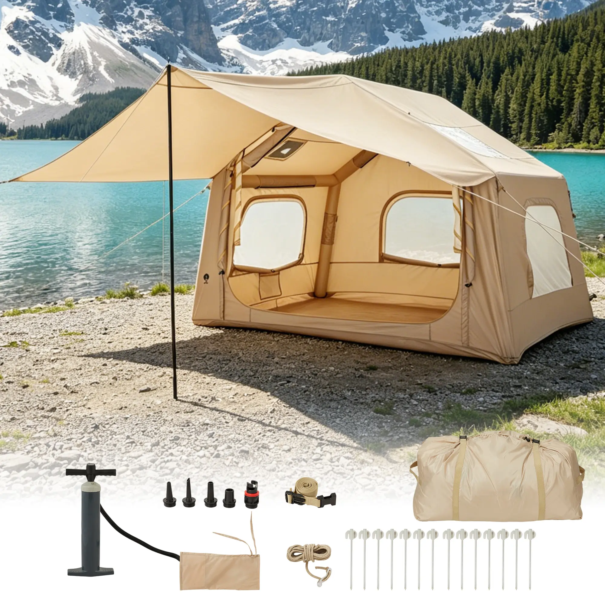 6-Person Spacious Inflatable Camping Tent with Skylight Canopy, Quick Easy Setup Large 8 Square Feet Outdoor Shelter, Wind Resistant Portable Inflatable Tent for Hiking Picnic Backyard Camping