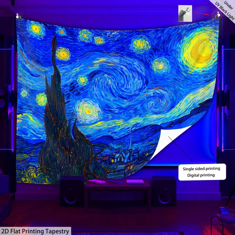 Oil Painting Style Starry Sky Glow in the Dark Tapestry - UV Reactive Large Fluorescent Cotton Wall Hanging Backdrop, Custom Print Spooky Skeleton Aesthetic Decor Accessory for Outdoor/Indoor Use (1 Piece, 2D Flat Print)
