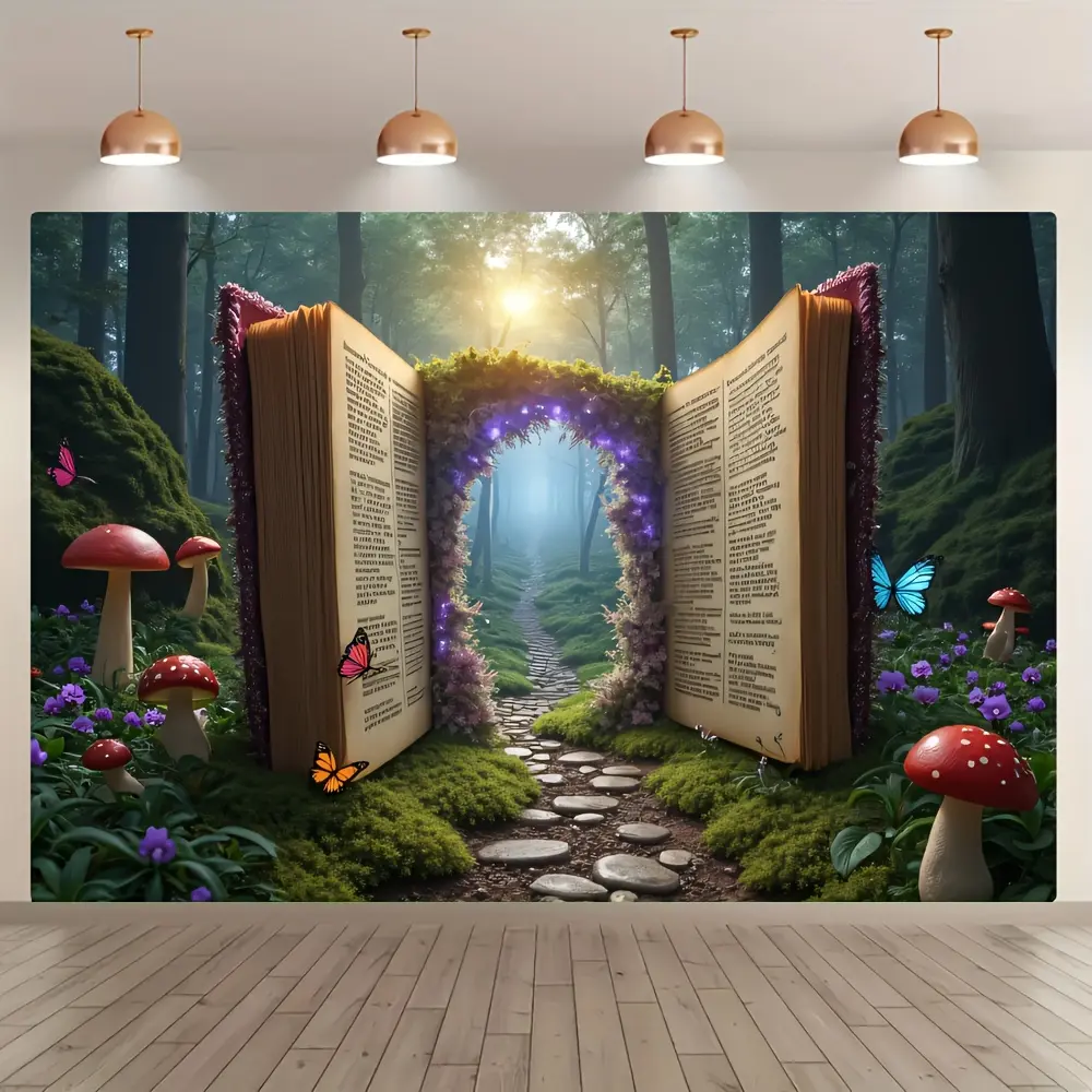 Forest Book Arch Backdrop, Nature Reading Theme Polyester Tapestry for Book Events, Back to School Parties, Photography Props, Garden Decor and Indoor Outdoor Use