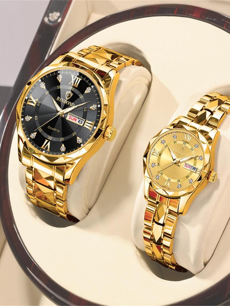 Couple Casual Water Resistant Watch, Fashion Waterproof Round Dial Analog Stainless Steel Quartz Watch Set with Date & Week Display Function, Modern Trendy Accessories As Gift with Box, Luminous Waterproof Watch, Fashionable Waterproof Watch