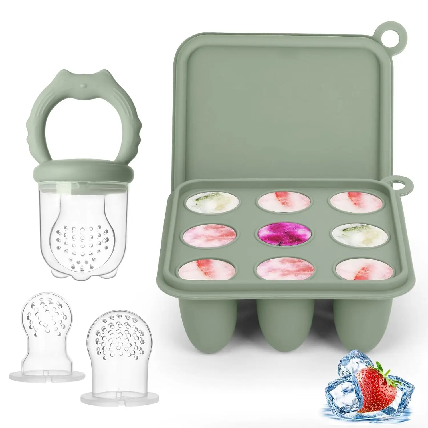 Silicone Safe Baby Food Feeder & Freezer Tray Mold Set - Teething Relief, Breastmilk Popsicle Maker, Self-Feeding Pacifier (3 Extra Pacifiers Included) + New Model Dinnerware Spoon