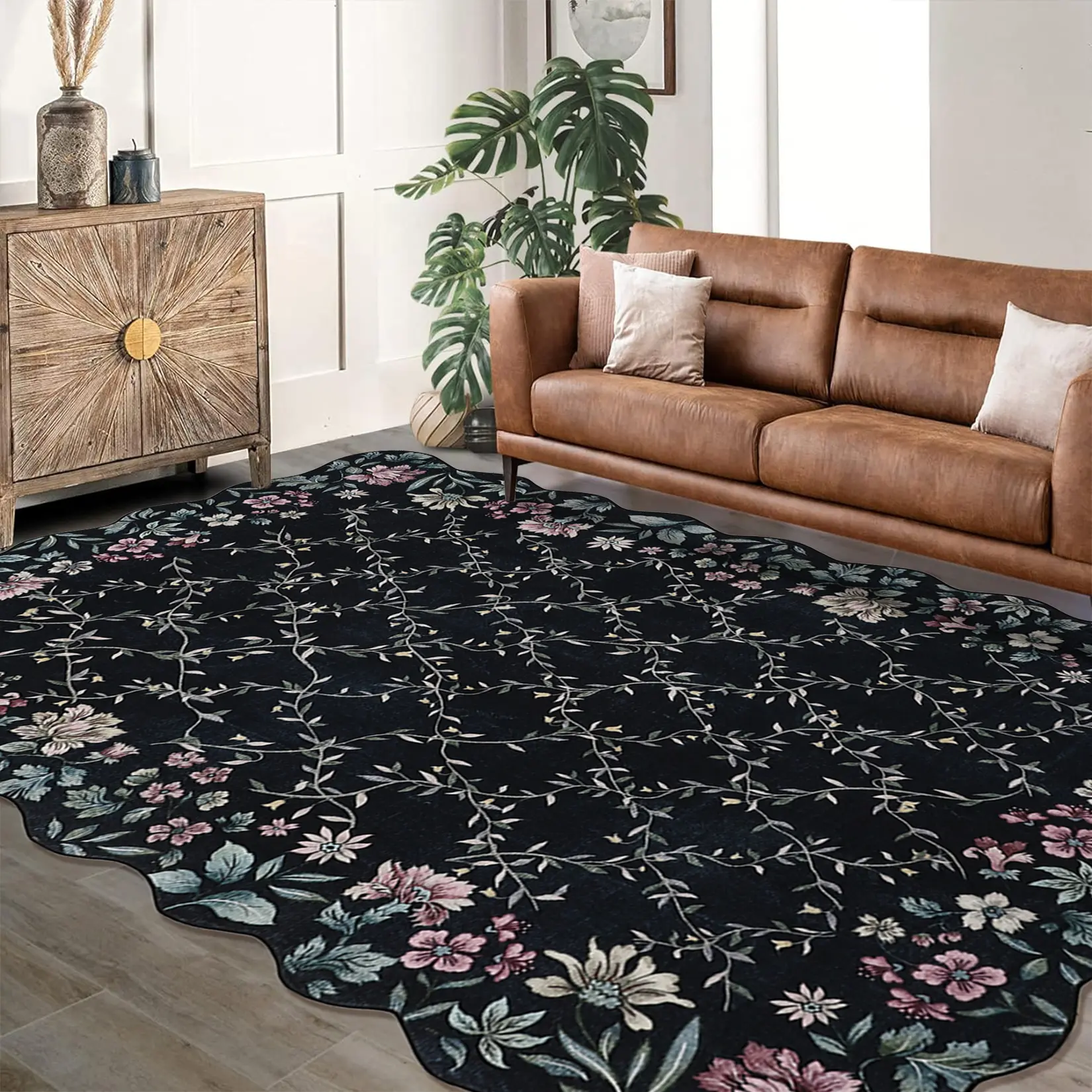 Beige Floral Irregular Edge Area Rug - Washable Low Pile Boho Carpet for Entryway or Living Room