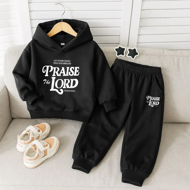 Toddler Boys Graphic Hoodie Set, Trendy 2 Piece Sweatshirt and Jogger Pants Outfit, Inspirational Faith Print Streetwear Clothing for Little Kids, School and Outdoor Activities