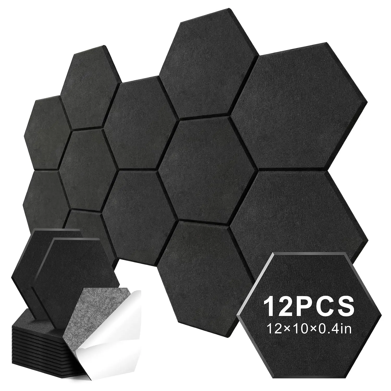 12 Pack Hexagon Acoustic Panels, Self-Adhesive Sound Deadening Panels, Sound Proof Foam Panels for Walls, Flame Retardant, Noise Absorbing & Echo Reduction, 12" X 10" X 0.4" Black
