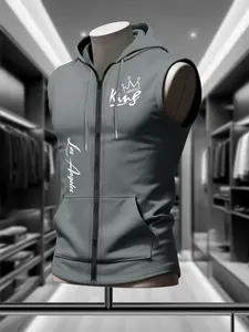 Trendy Men's Summer Top, Zipper Hooded Vest, Sports Vest, Gym Wear, Crown King Letter Print, Los Angeles Design, Contrast, Sporty Style