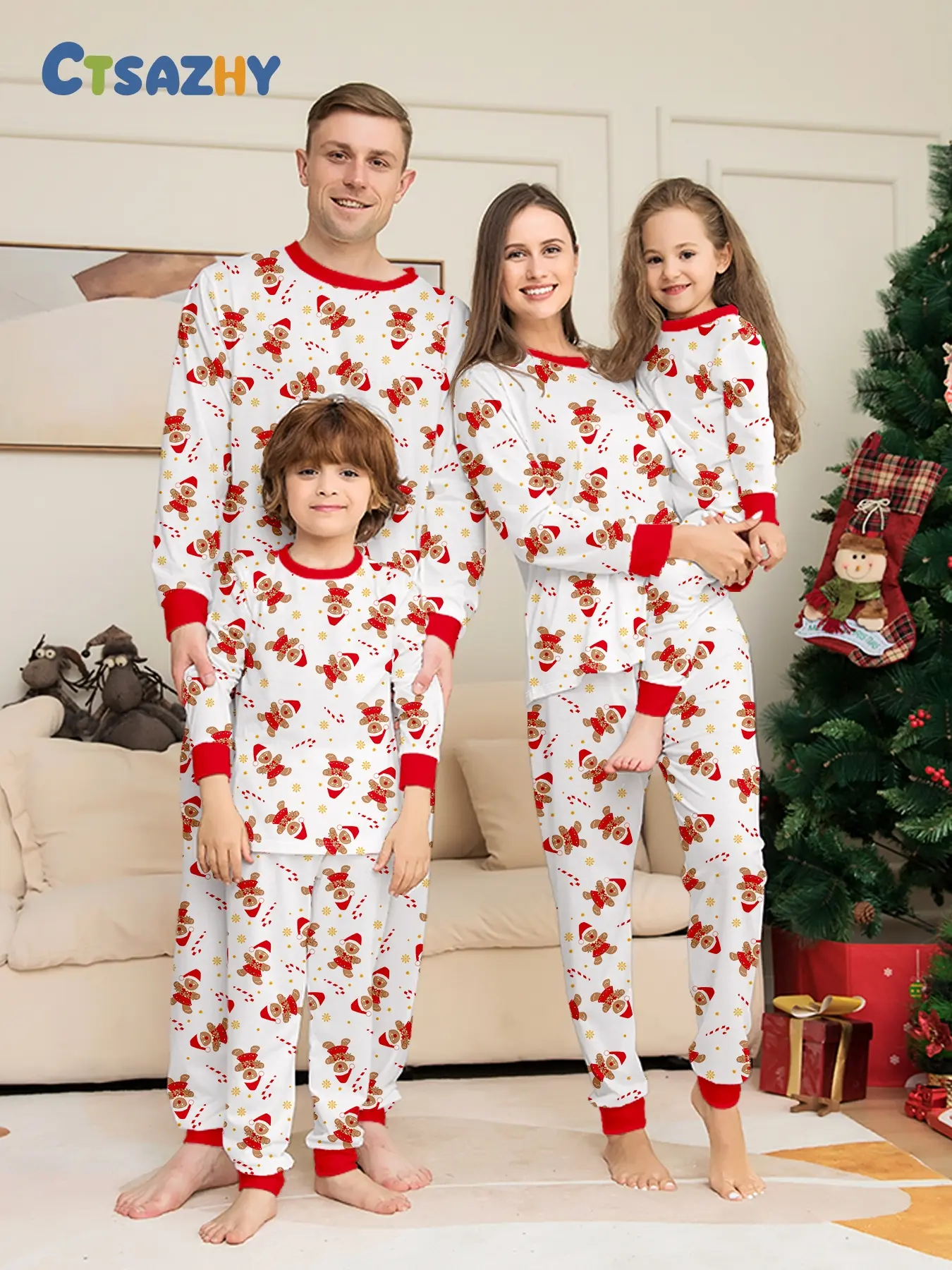 Adorable Gingerbread Man Christmas Family Pajamas, Full Print Santa Hat Top, Elastic Waist Pants, Loose Fit Holiday Party Wear