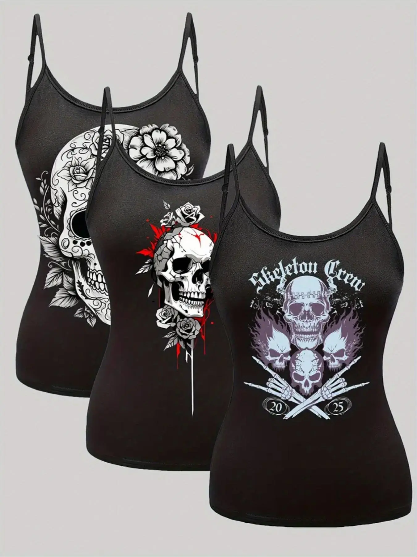 【Plus Size】 Skull & Floral Print Camisole Tank Top, Casual Fashion Sleeveless Spaghetti Strap Top for Daily Wear, Women's Plus Clothing for Summer