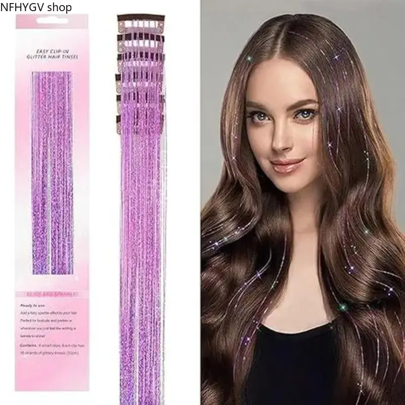 Festival Glitter Hair Extensions, 6 Pcs 24 Inch Clip In Fairy Tinsel Hair Strands Dazzling Synthetic Curly Wavy Sparkly Hair Tinsel Set, Lightweight Shiny Hair Decor for Women Girls Kids Party Holiday Daily Styling