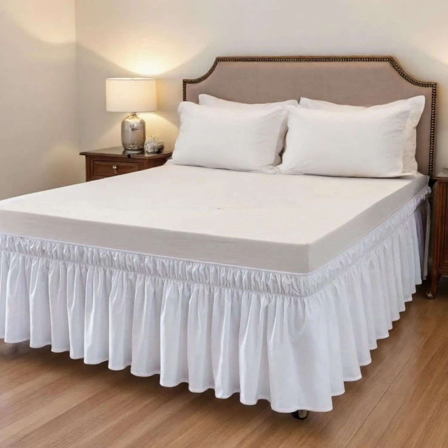 Bed Skirt, Elastic Wrap Around Dust Ruffle Bed Skirting Easy to Install, Tailored Bedskirts Fade & Wrinkle Resistant (White, King-15 Drop)