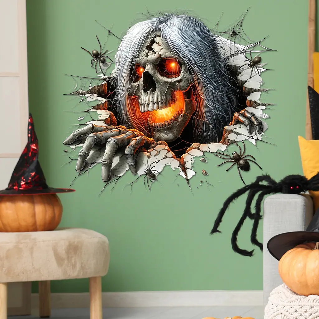 1 Set, 1 Pcs Halloween Street Cool Wall Breaking Skeleton Decorative Stickers, self-adhesive and detachable PVC material, suitable for room decoration, wall decoration, home decoration, Halloween party decoration stickers