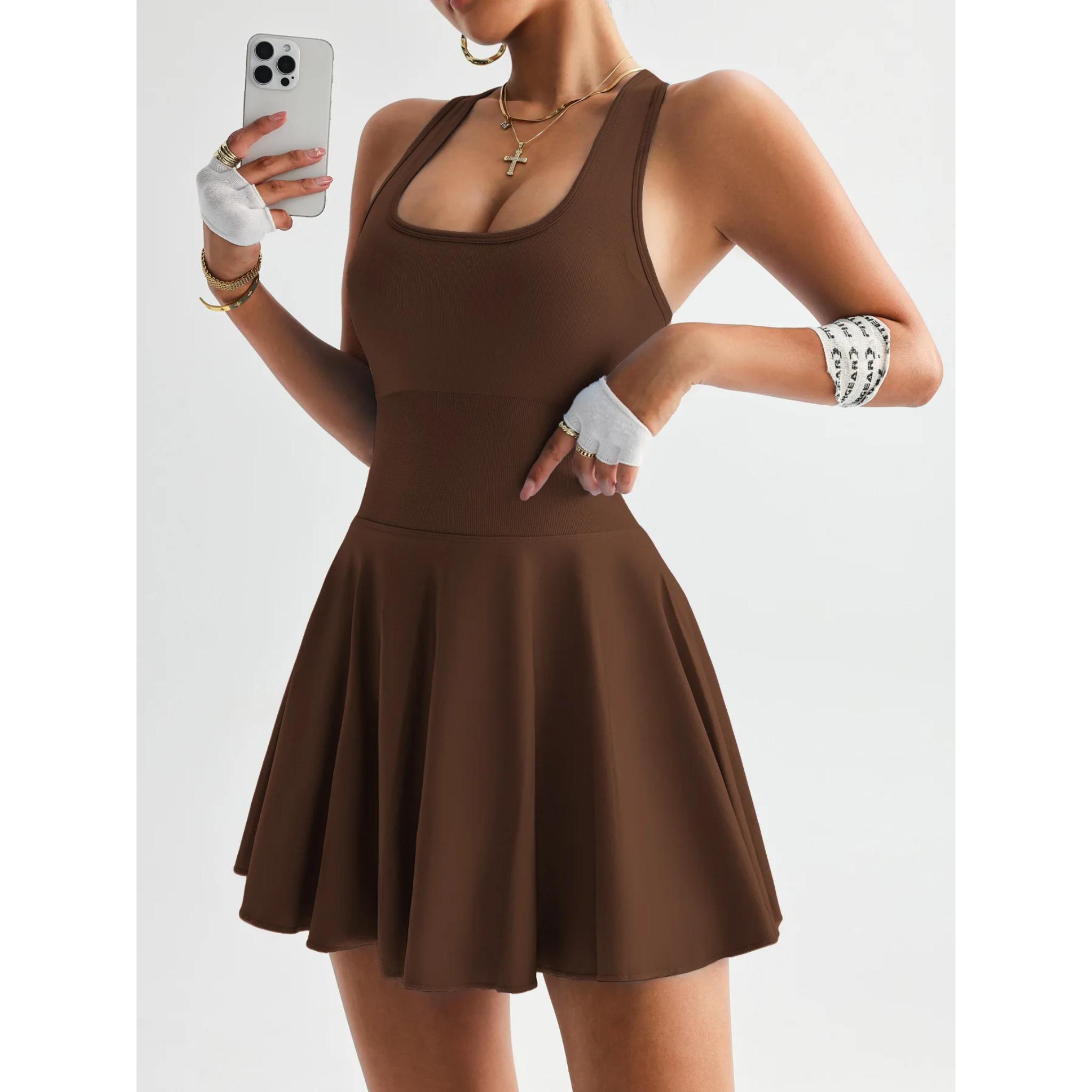 Women's tennis dress one-piece slim fit soft sportswear golf badminton suit with chest cushion sports yoga suit, Women's Seamless Racerback Tennis Dress with Built-in Shorts, Golf Activewear with Pockets