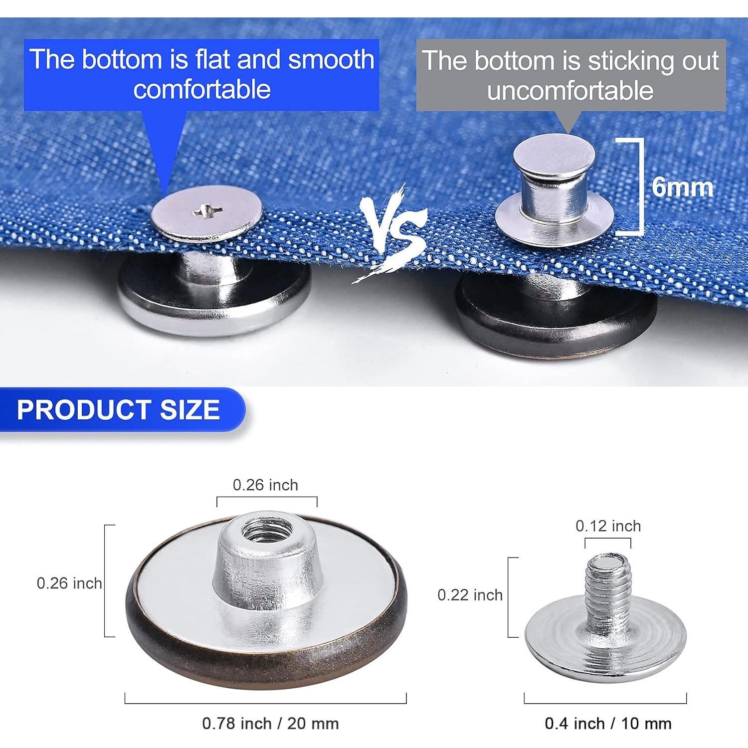 12 Sets Adjustable Buttons for Jeans, 20mm No Sew  Metal Buttons, Removable Jean Buttons Replacement Repair Kit with Threads Rivets and