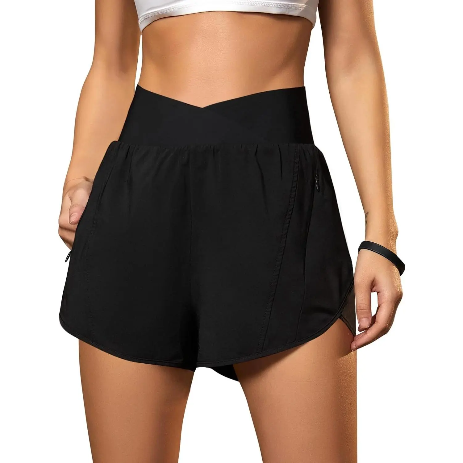 Women's High Waisted Crossover Workout Shorts with Zipper Pockets - Athletic Running Shorts for Gym Yoga