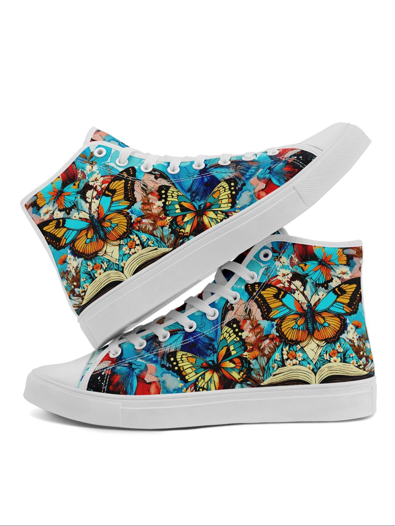 Women's Fashionable Butterfly Print Lace Up Front Canvas Sneakers, Casual Comfortable Soft Bottom Skateboard Shoes, All-match Round Toe Sports Shoes for Daily Wear
