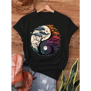Yin Yang Four Seasons Tree Graphic Tee| Aesthetic Spiritual Nature Shirt, suitable for spring and summer wear, unisex and versatile for casual wear