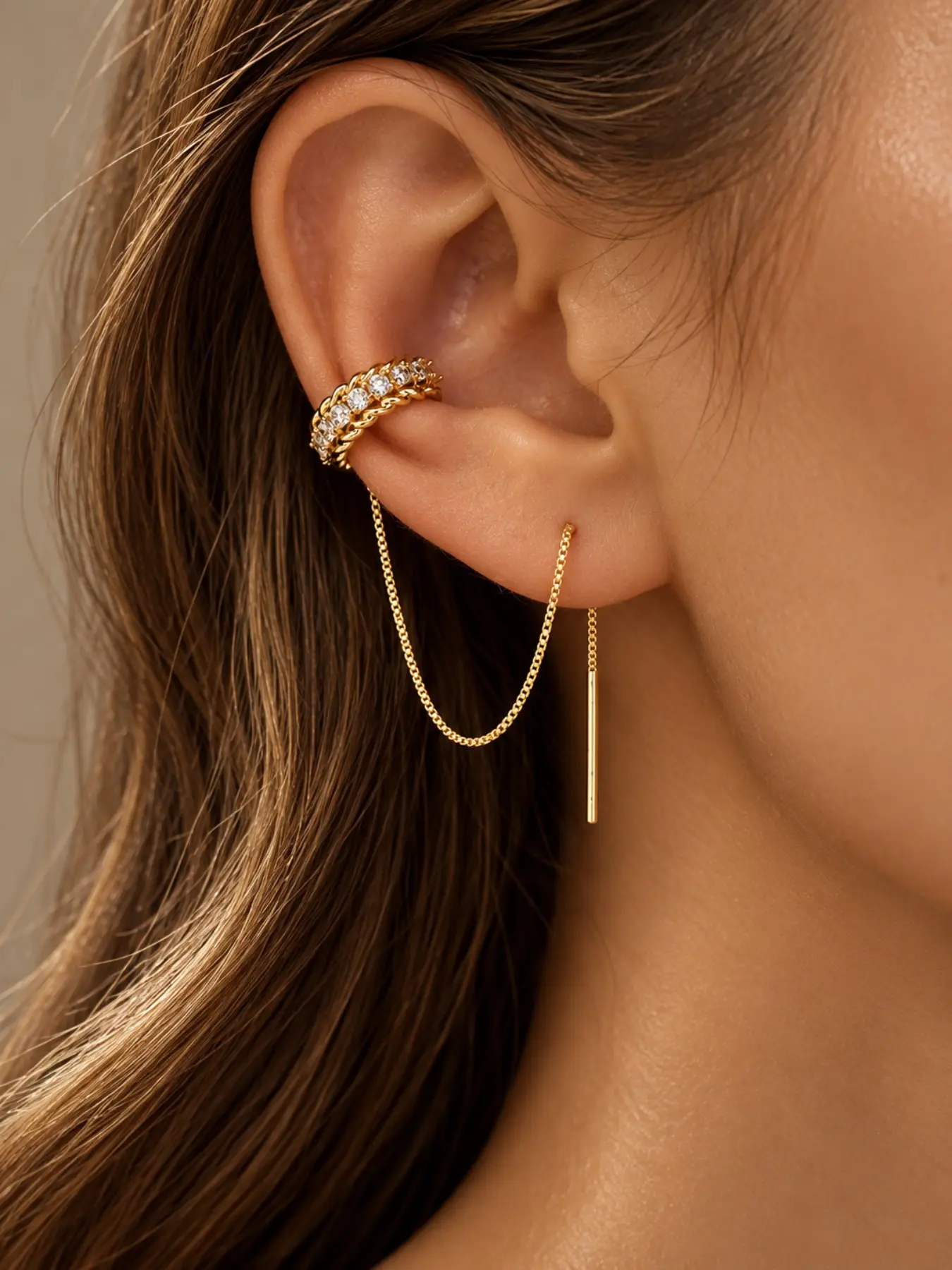 1 Pair Gold Tone Ear Cuff Chain Threader Earrings for Women, Sparkling Cartilage Cuffs with Long Dangle Chains, Wedding Jewelry, Bridesmaid Gift and Christmas Party Accessory