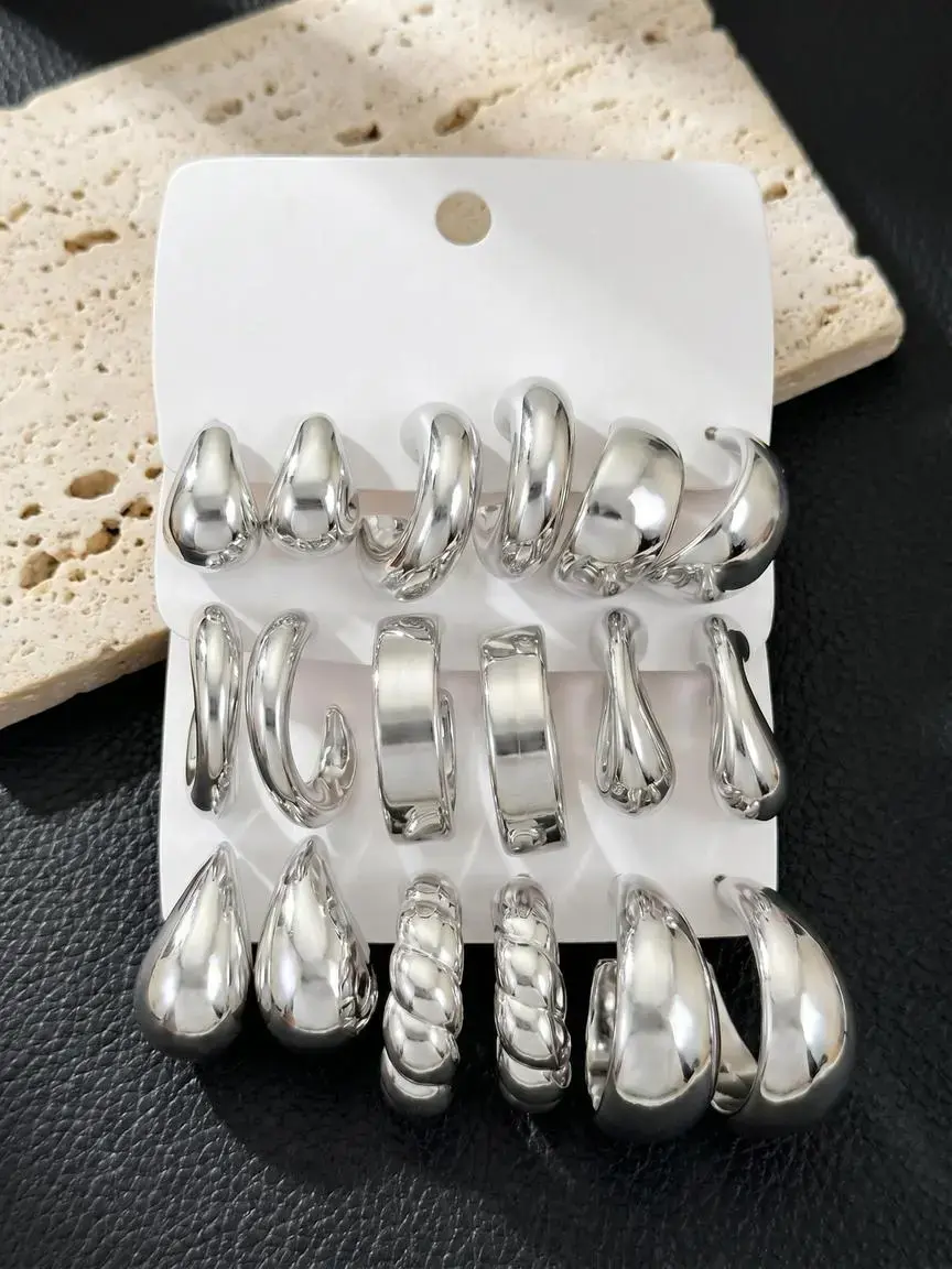 18pcs Assorted Eco‑Friendly Plastic Silver Hoop Earrings, Dainty Lightweight Hoops Teardrop Twisted Smooth Textured Open C‑Shaped Earrings, Chic Minimalist Lightweight Jewelry, Stacking Earring Set for Girls & Women