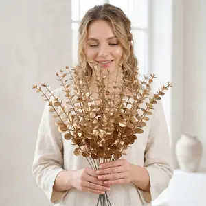 12/24/36/pcs Golden Eucalyptus Branch Set – UV-resistant Artificial Leaves, Realistic Golden Eucalyptus Branch Artificial Flowers, Suitable for Home, Outdoor and Wedding Decorations, The Perfect Complement To  Summer Outdoor Settings