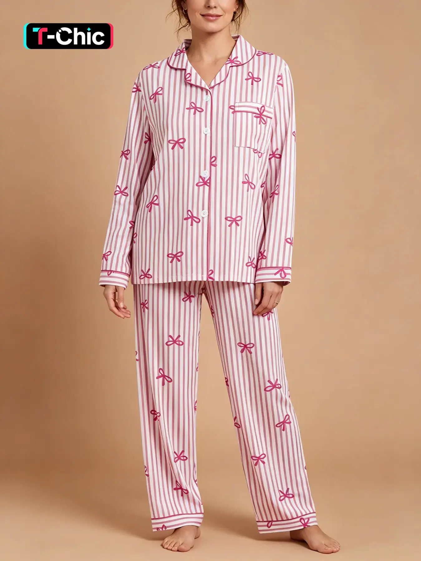 Women’s sleepwear set, Loungewear, striped bow print button-front shirt and pants, long sleeves, geometric pattern, fall/winter pajama set