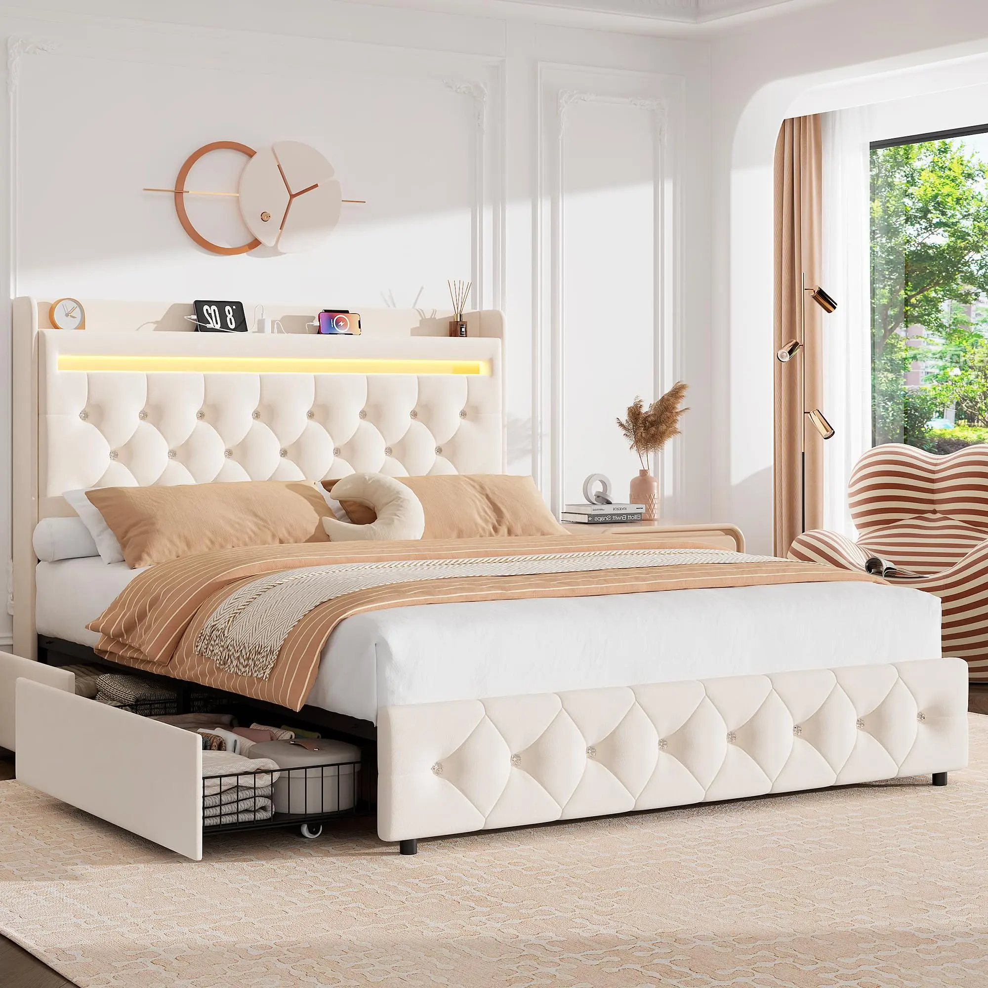 Garvee Queen Rectangular Upholstered Bed Frame with LED Lighting, Storage Headboard, White