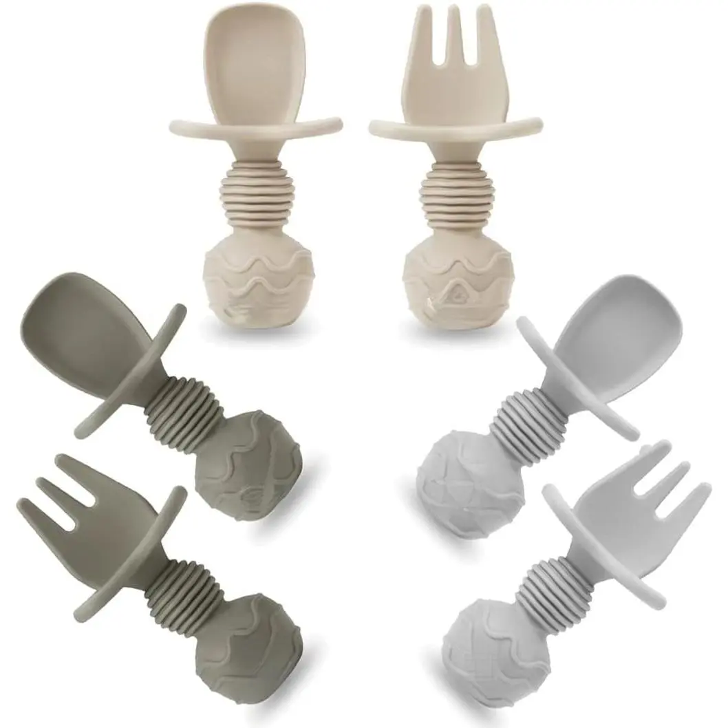 6-Pack Silicone Baby Spoons and Fork Feeding Set - Anti-Choking First Self-Feeding Utensils for Baby Led Weaning (Ages 3 Months), New-Model Dinnerware Plate & Bowl (Tan, Walnut, Grey)