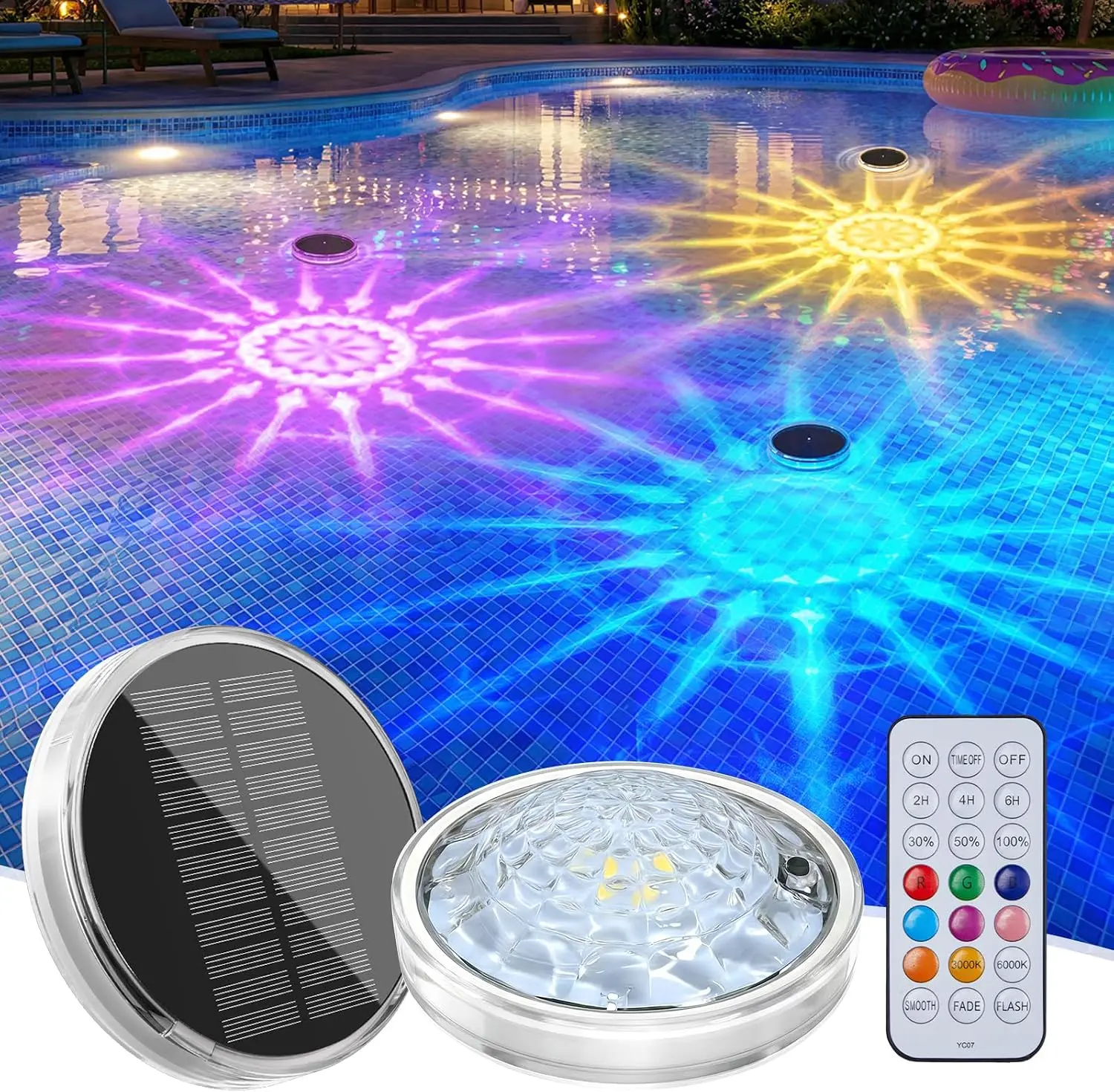 2 Pack IP68 Waterproof Solar Floating Pool Lights |   Remote Control 12 Light Modes, 3 Dimming Levels & Timer, Floating Solar Lights for Inground Above Ground Pool Decoration