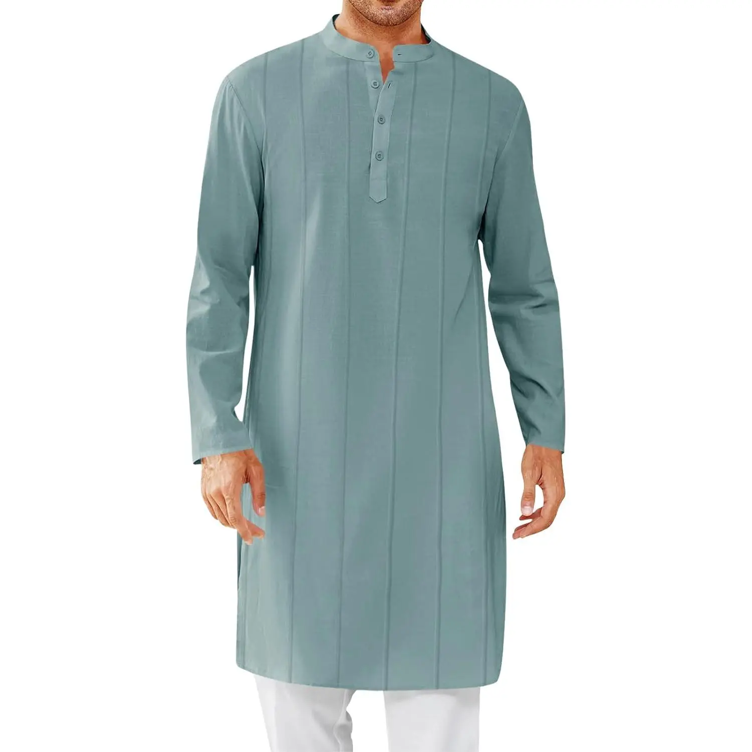 Runcati Mens Kaftan Thobe Button Down Henley Shirts Robe Long Sleeve Casual Cotton Pleated Muslim Gown Shirt