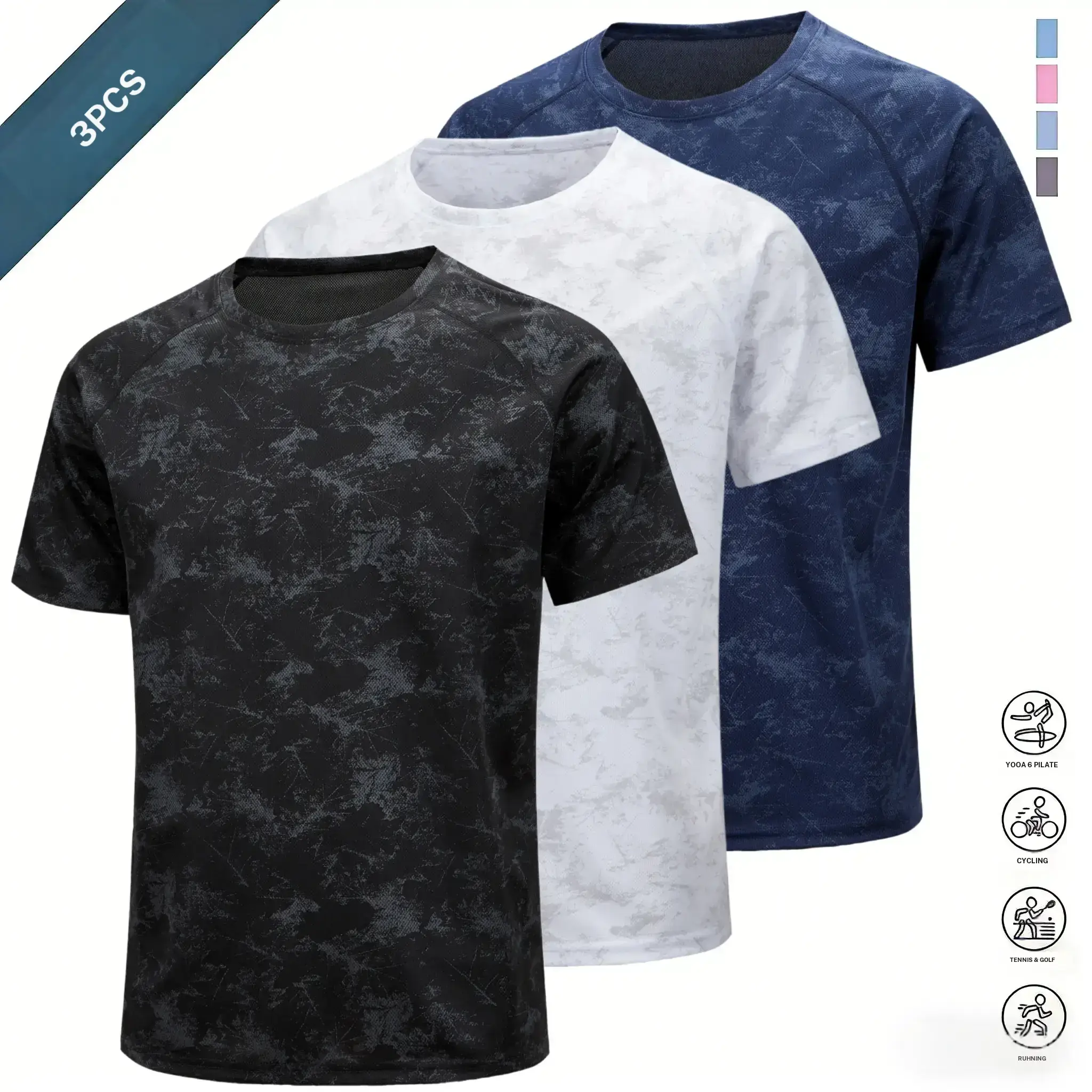 Set of three tie dye mesh men’s short sleeve T shirts in a sporty casual style. Raglan sleeves fit the shoulder lines for ease of movement, and the breathable mesh fabric enhances comfort. A crew neck design is simple and uncluttered. Short sleeve fit sui