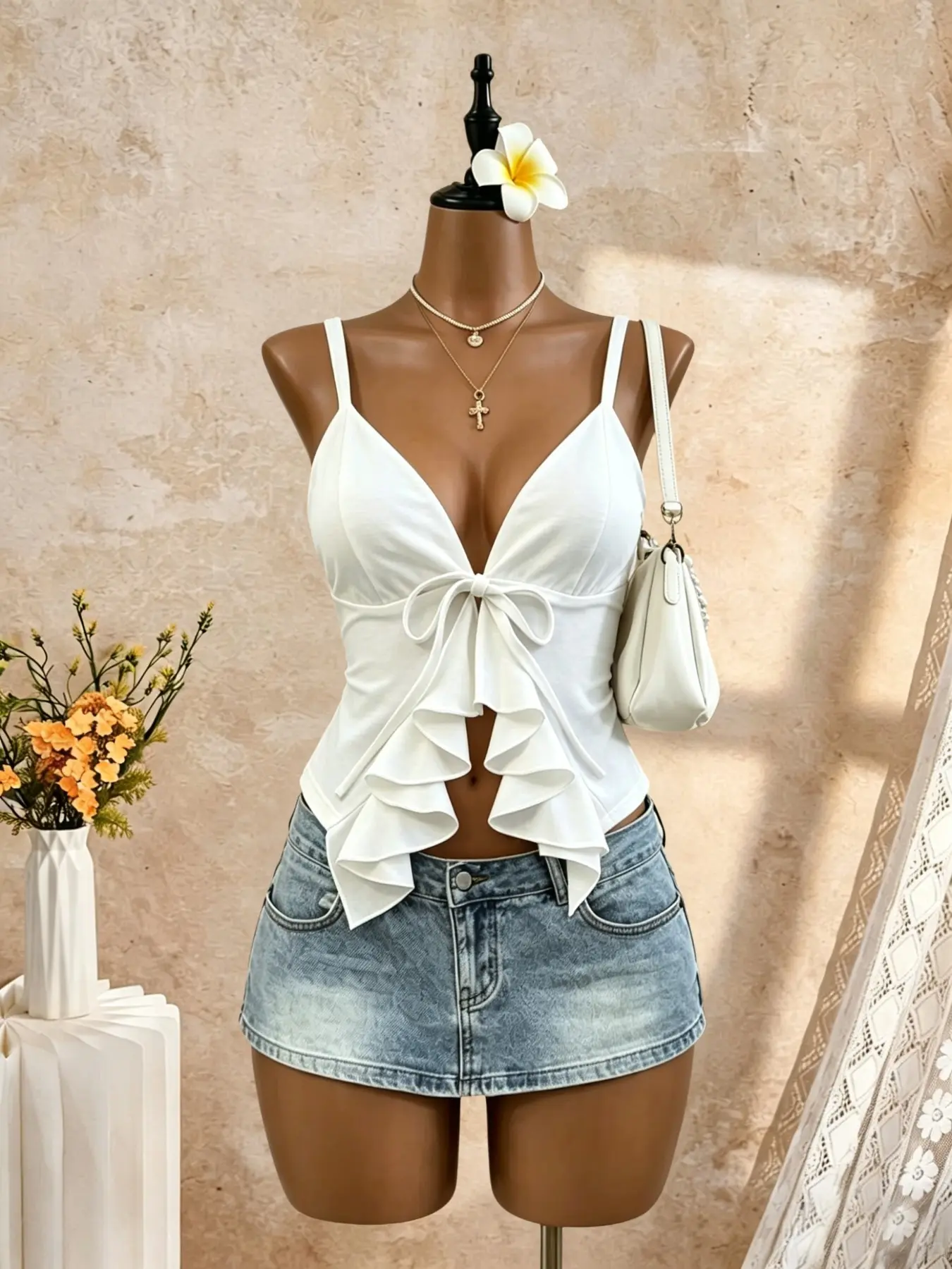Deep V Strapless Top with Ruffle Hem, Slim-Fit Short Sleeve Design, Accentuates Waistline, Perfect for Summer Wear, Crop Tops