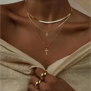 14K Gold Plated Layered Necklaces for Women, Tiny Initial Stackable Chain with CZ Cross & Safety Pin Pendant outdoorfun