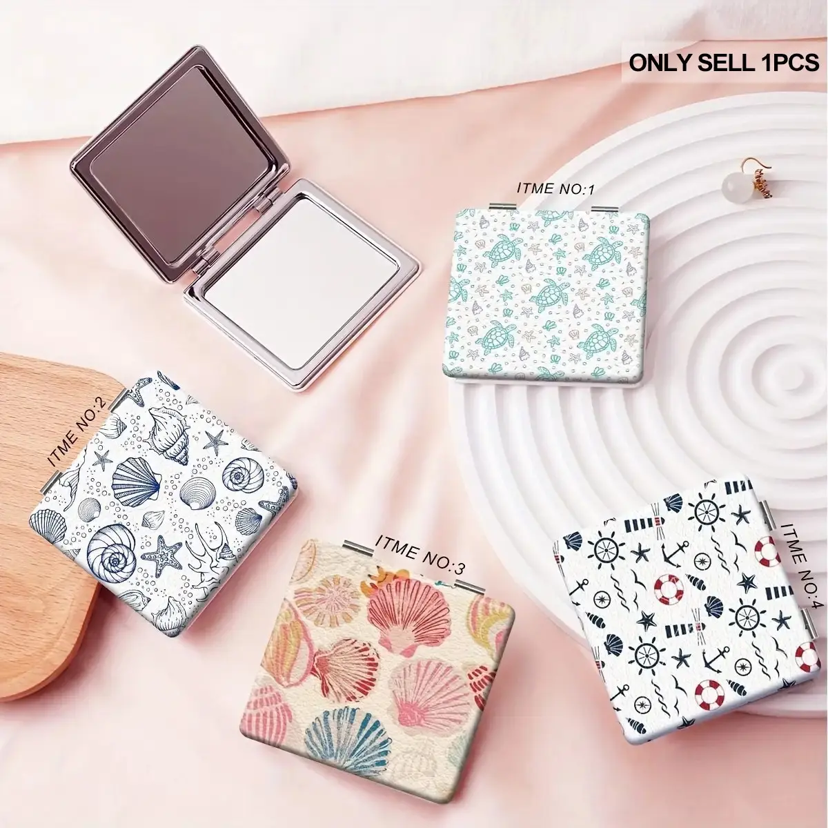 Ocean themed portable foldable makeup mirror - designed with seashells, turtles, and nautical elements, a birthday/Valentine's Day/wedding gift, vintage beauty tool, handheld makeup mirror, travel pocket makeup mirror