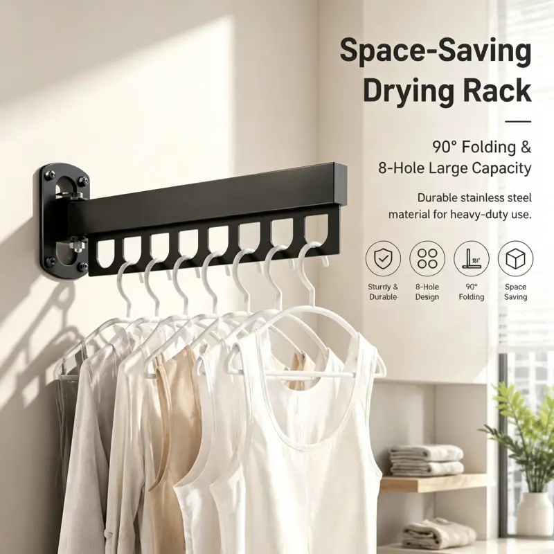 Heavy Duty Foldable Wall Drying Rack 8 Slot Space Efficient Wall Hanging Garment Organizer Durable Stainless Steel Construction Hanger Rack