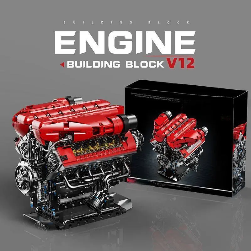 V12 Car Engine Technical Building Blocks Set, Functional Mechanical Assembly Model with Moving Pistons, DIY MOC Engine Bricks Kit, Collectible Display Ornament Gift for Car Enthusiasts & Adult Builders