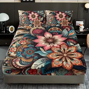 3pcs Boho Mandala Floral Bed Sheet Set, 1 Bed Sheet + 2 Pillowcases, High-Definition Print, Home Dorm Use, No Inner Pillows Included