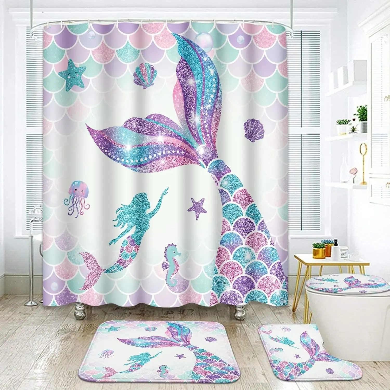 4-Pcs Pink Mermaid Tail Scales Bathroom Set - Waterproof Shower Curtain with Velvet Rugs, Plastic Toilet Cover, Sea Turtle, Seahorse, Octopus, Conch Accessories, Cute Summer Decor, Water Proof, Hook