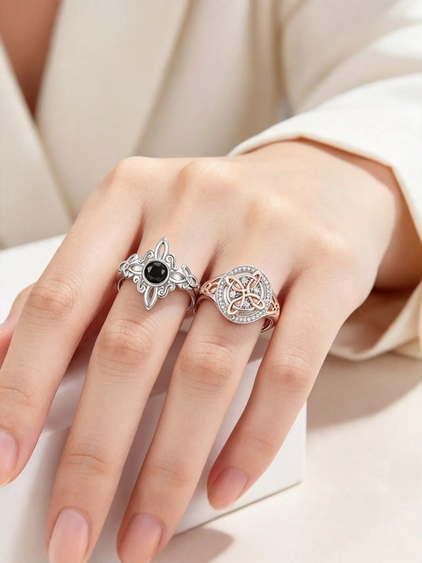 2Pcs Rose Witch’s Knot Ring, Original Celtic Knot Design, Cubic Zirconia Accent, Pagan Jewelry for Devotion & Protection, Valentine’s Gift