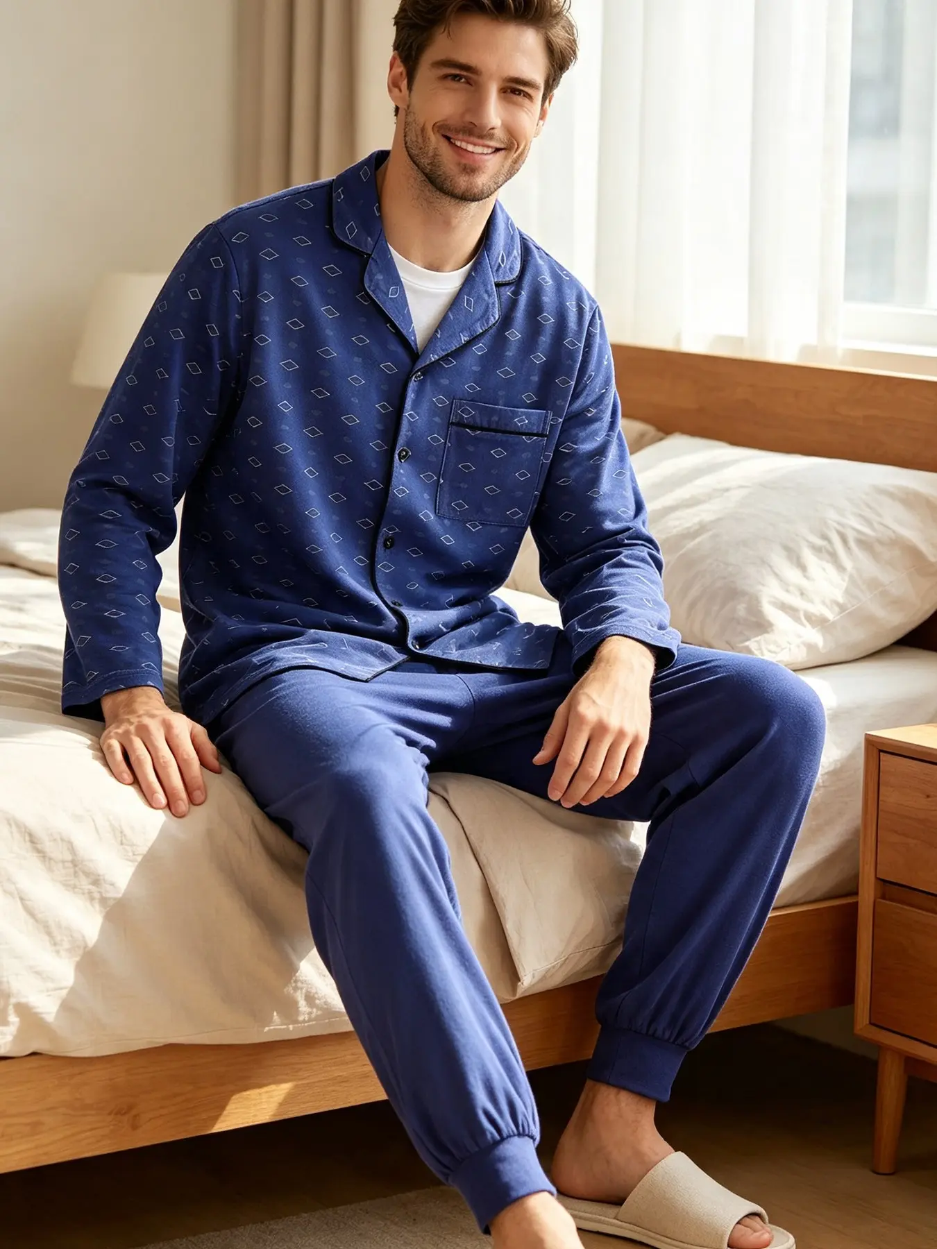 Men's 2-Piece Loungewear Pajama Set Pjs, Royal Blue Simple Diamond Print Lapel Piping Button Down Long Sleeve Top & Elastic Cuff Jogger Pants, Spring Autumn Soft Breathable Fabric, Loose Fit For Men Home Sleep Daily Wear